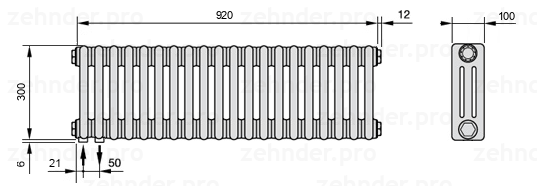 Схема (чертеж) Радиатор Zehnder Charleston 3030/20 №3370 Белый глянцевый RAL 9016